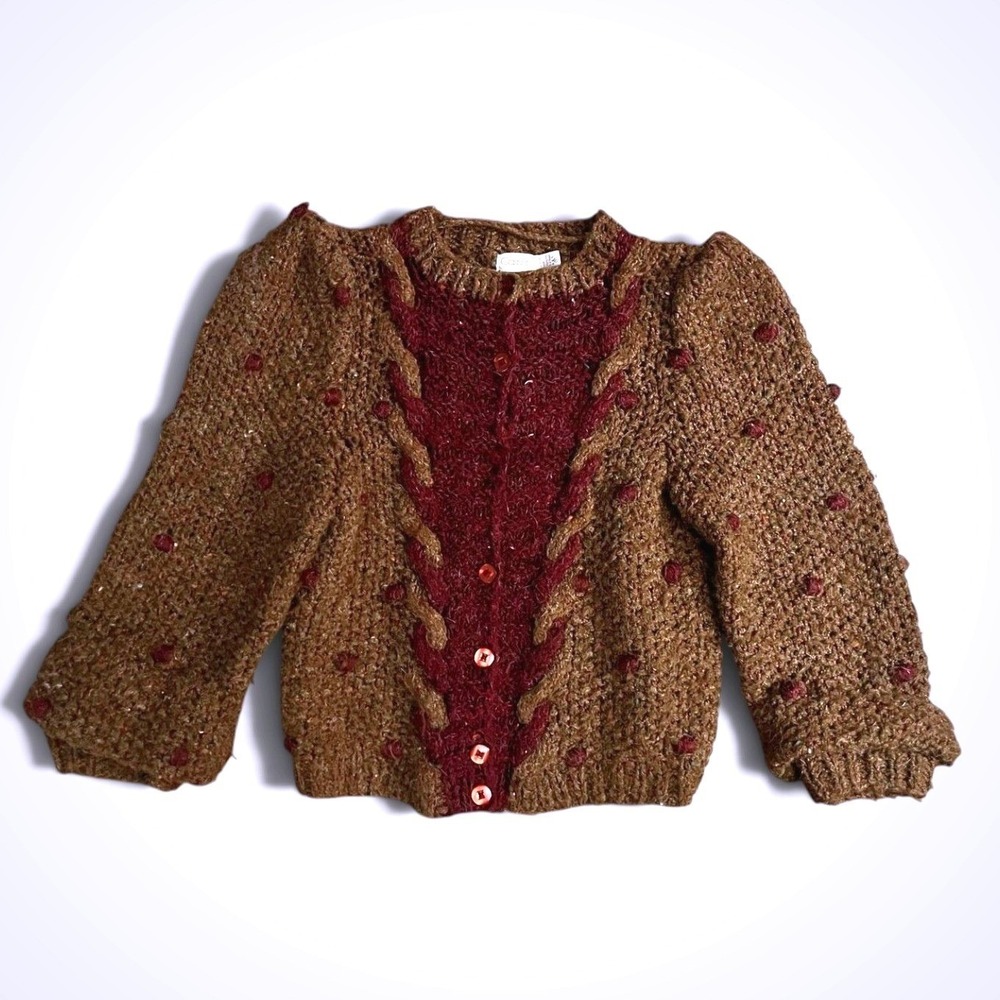 Vintage Cassidy Brown Burgundy Pom Pom Chunky Knit Cardigan Sweater Small Wool